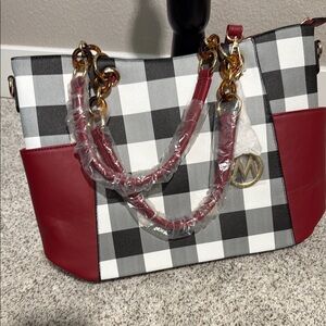 Elegant Checkered Tote with Red Accents